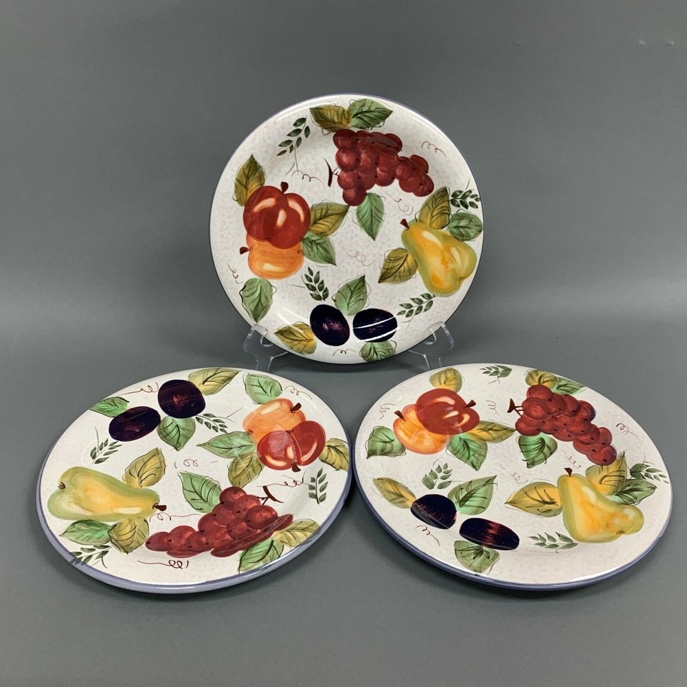 Oneida Vintage Fruit Dinner Plates Hand Painted Pear Apple Plum 10 1/2 Lot of 3
